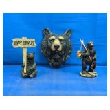 (3) Bear Figurines with Sign & Rifle