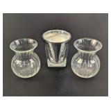 (3) Small Glass Vases and Candle Holder