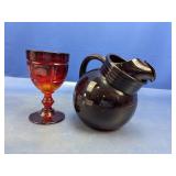 (2) Ruby Red Glass Goblet & Pitcher