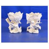 (2) White Glazed Ceramic Bird Vases