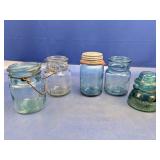 (5) Vintage Blue Canning Jars & Insulator