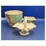 (3) Botanical Glazed Pottery Planters & Basket