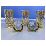 (5) Gold & Green Patterned Glass Tumblers