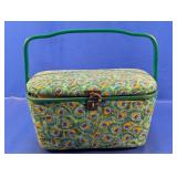 Peacock Print Sewing Basket w Assorted Supplies