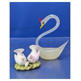 (2)Glass Swan & Porcelain Dove Figurines Duo