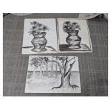 (3)Original Ink Wash Still Life & Landscape Art