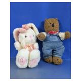 Vintage Plush Pair: Overalls Bear & Bow Bunny