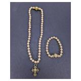 (2)Faux Pearl Necklace & Bracelet Set w/Cross
