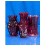 Red Glass Vases with Etched Decorative Cup
