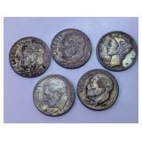 (5)Vintage US Roosevelt & Mercury Dimes Lot