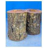 (2)Rustic Natural Wood Log Candle Holder Duo
