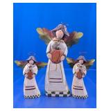 (3)Vintage Wood Pumpkin Angel Figurines Set