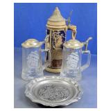 Vintage Beer Steins and Pewter Tray Lot