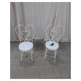 (2)Vintage White Twisted Iron Heart Chairs Duo