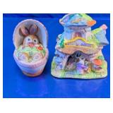 (2)Vintage Bunny Figurine & Music House Duo