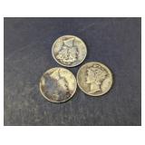 (3)US Silver Mercury Dimes (1936-1944) Trio
