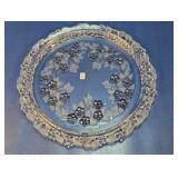 Frosted Blue Floral Embossed Round Glass Tray