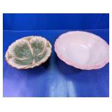 (2) Vintage Cabbage Leaf & Pink Trim Glass Bowls