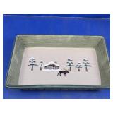 Vintage Winter Cabin & Moose Stoneware Baker
