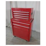Stacked Red Rolling Metal Tool Chest with Tools