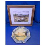 Framed Sheep Print and Sheep Plate Set
