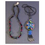 Beaded Millefiori & Tribal Style Pendant Necklace