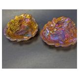 Marigold Carnival Glass Berry Leaf Bowls Duo