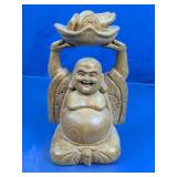 Hand-Carved Wooden Laughing Buddha Figurine