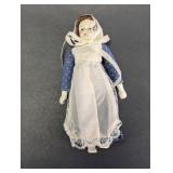 Vintage Miniature Porcelain Doll in Blue Calico