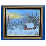 Framed Winter Cabin Landscape Painting
