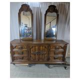 Vintage Wooden Triple Dresser with Twin Mirrors