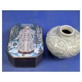 Ceremic Russian Art Box & Celadon Vase Duo
