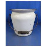 White Enamel Pail with Wood Handle