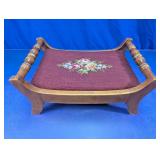 Wood Footstool with Floral Needlepoint
