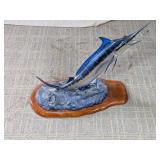 Vibrant Blue Marlin Resin Sculpture on Wood Base
