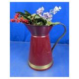 Vintage Red Metal Pitcher with Floral Arrangement