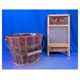 (2) Rustic Wooden Bucket and Rooster Washboard