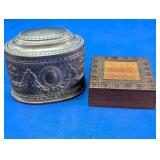 Vintage Oval Metal and Square Wood Boxes
