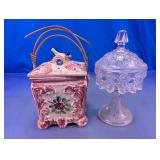 Ceramic Biscuit Jar & Clear Glass Compote Duo