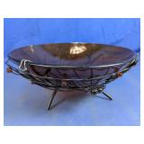Amber Glass Bowl With Metal Wire Stand