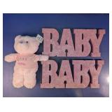 Pink Baby Girl Plush Bear & Wood Signs Decor Lot