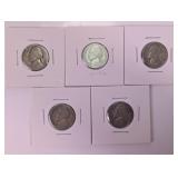 Lot of 5 U.S 1942 Jefferson Nickels