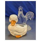 Duck Planter & Glass Rooster Figurine