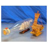 Bottle Ship & Wooden Sailboat Display Lot