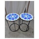 Blue Floral Mosaic Metal Side Tables Duo