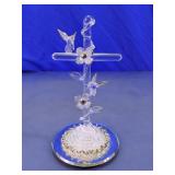 Vintage Clear Spun Glass Cross with Hummingbirds