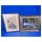 Vintage Framed Artwork & Waterfall Photo Duo