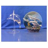 Dolphin Figurine Plate & Glass Oil Lamp Duo