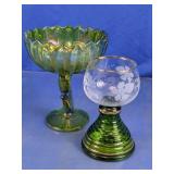 Green Glass Compote & Etched Goblet Pair