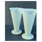 Vintage Fenton Milk Glass Hobnail Vases Duo